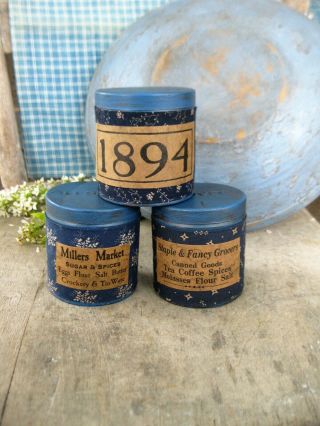 Set Of 3 Early Antique Pantry Spice Tin Blue Paint Calico Sleeves
