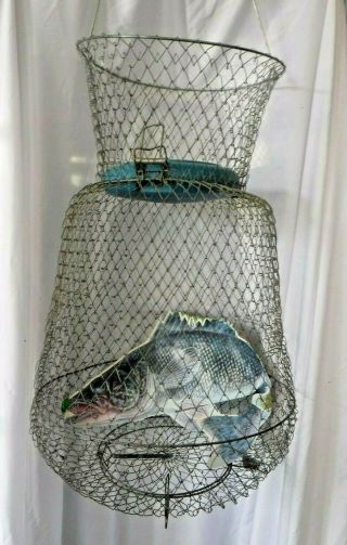 Vintage Metal Wire Keeper Net Live Bait Basket Cage Collapsible Fish Fishing