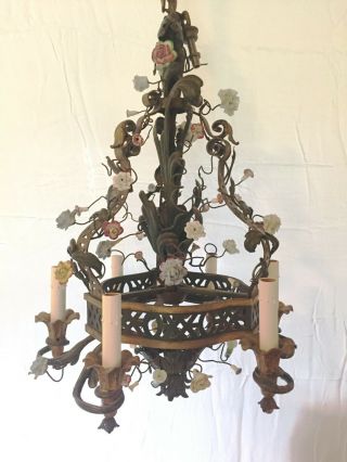 Very Unusual French Chinoiserie Green Tole Painted Porcelain Flowers Chandelier