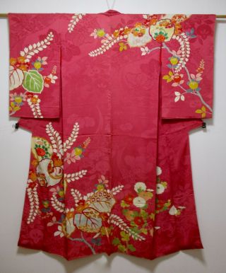 Japanese Kimono Silk Antique Houmongi / Embroidery / Flower & Birds / Vintage