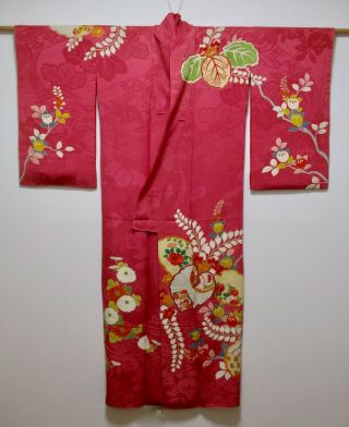 JAPANESE KIMONO SILK ANTIQUE HOUMONGI / EMBROIDERY / FLOWER & BIRDS / VINTAGE 2