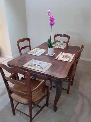 Antique French Provincial Style Walnut Leaf - Extending Dining Table And Chairs