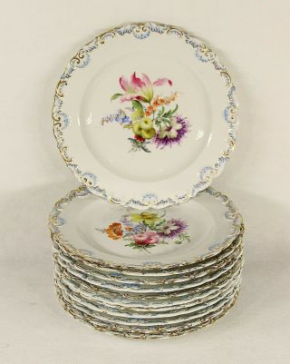 Set Of 12 Antique German Meissen Porcelain Hand Painted Floral Plates