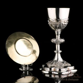 Antique Silver Chalice And Paten Set.  France,  19th Century