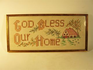 Antique Hand - Stitched Sampler In A Frame " God Bless Our Home " 1930 