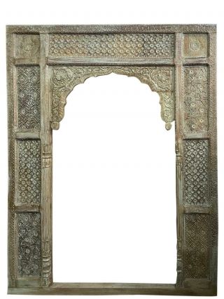 Vintage Wooden Arch Blue Archway Carved Rustic Indian Floor Mirror