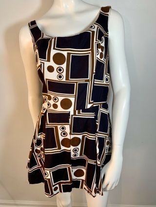 Vintage 60s Nos Two Piece Swimsuit Geometric Swim Dress Romper L Tag Sz 12