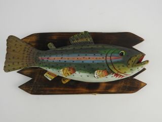 Hand Carved & Signed Wooden Rainbow Trout Wall Hanging Mount 10 " Wide