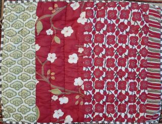 Vintage Pottery Barn Quilted Shams - Red Green Poppies Floral - Standard A Pair