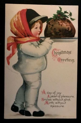 Wolf & Co.  Clapsaddle Child With Plum Pudding Antique Christmas Postcard - H738