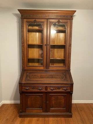 Antique 19th Century Mahogany Secretary Desk With Bookcase Top