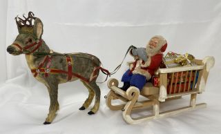 Antique Fabric Santa Wooden Sleigh W/toys Reindeer 9.  25 " H X 20 " L Made In Germany