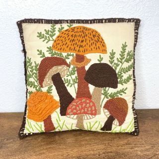 Vintage Embroidered Mushroom Throw Pillow Cushion Yarn Embroidery Retro 70s 80s