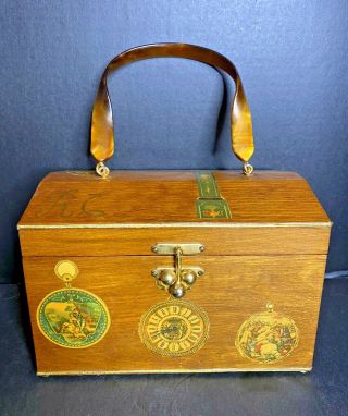 Vintage Decoupage Box Purse Wooden Pearlized Lucite Handle Metal Closure Clocks