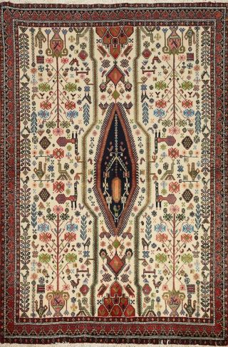 Vintage Ivory Geometric Tribal Area Rug Wool Hand - Knotted Oriental Carpet 4x6