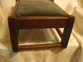 primitive vintage oak wood Mission style foot stool with old black leather top 3