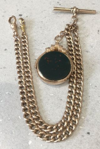 Antique 9ct Rose Gold Double Graduated Albert Watch Chain With Fob.  25 Grams.