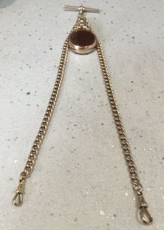 ANTIQUE 9CT ROSE GOLD DOUBLE GRADUATED ALBERT WATCH CHAIN WITH FOB.  25 GRAMS. 2