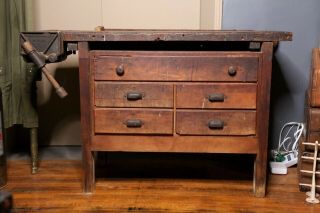 Antique Workbench Kitchen Island Desk Industrial Table Woodworking Vise Vintage