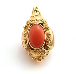 Antique Etruscan Revival Cabochon Coral Watch Fob Pendant 18k Yellow Gold