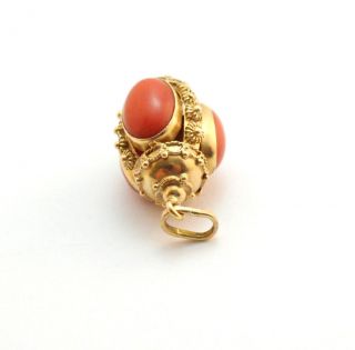 Antique Etruscan Revival Cabochon Coral Watch Fob Pendant 18k Yellow Gold 5
