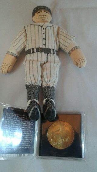 Vintage Baseball Babe Ruth Coin & Hallmark Famous American Cloth Doll
