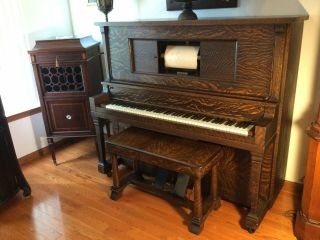 Antique Modello Mission Tiger Oak Player Piano W Bench And Rolls “works”