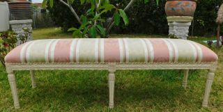 Antique/vtg French Provincial Ivory Carved Wood Pink Striped Upholstered Bench