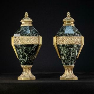 Urns | Two Cassolettes French Antique Green Marble And Gilt Bronze 17 " _