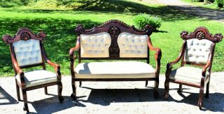 Antique Mahogany 3pc " Carved Facial Image " White Parlor Set Loveseat & 2 Chairs