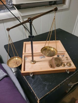 Vtg Toledo Precision Brass Scale With Weights And In Wood Box