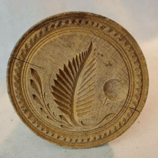 Antique Wood Butter Mold Print Stamp With Carved Leaf & Flower No Res