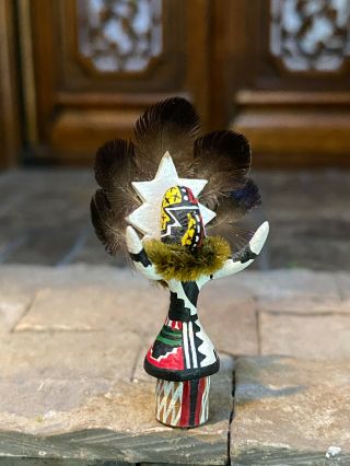 Vintage Miniature Dollhouse Artisan Wood & Feathers Carved Kachina Doll Painted