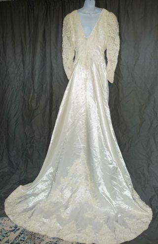 Vintage Satin Gown Wedding Dress Bust 38 Glossy Sexy Silky Slippery Train
