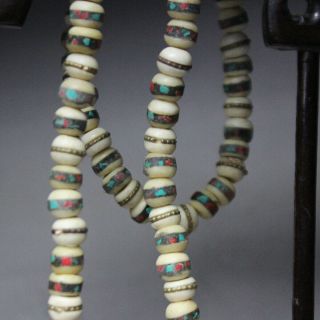 26 " Antique Tibetan Coral Turquoise Inlaid Copper Amulet Beads Prayer Necklace