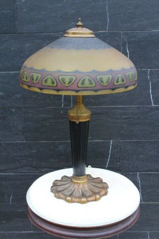 Antique Quality Pittsburgh Reverse Painted Ice Chip Glass Shade Table Lamp