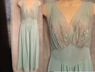 Vtg 50s 60s Vanity Fair Long Nightgown M 36 Gown Nylon Embroidered Sheer Green