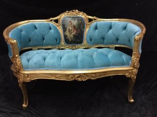 French Louis Xvi Style Sofa/settee In Blue Tufted Seating With Scenery