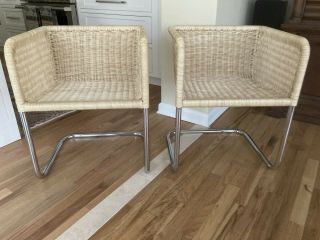 Pair Vintage Harvey Probber Chairs Cantilever Plastic Wicker Chrome Base