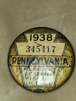 Vintage 1938 Pa Pennsylvania Resident Fishing License Button Pin Crackle Finish