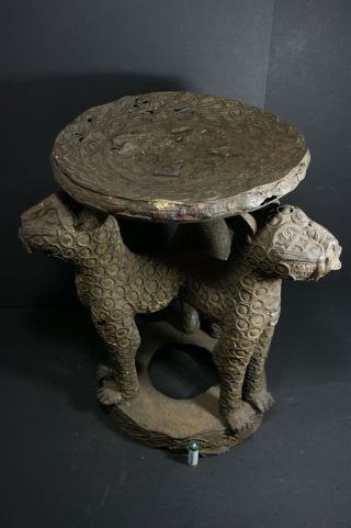 Old African Benin Bronze 3 Leopard Throne - Benin City Nigeria Tribal Art Craft