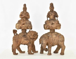 Antique Chinese 4pc Set Wood Carved Statue Of Guan Kwan Yin Fu Foo Dog Elephant