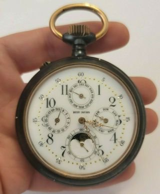 Huge Antique Multi Dial Moon Phase Gunn Metal Pocket Watch (needs Attention)