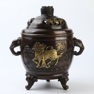 Antique Chinese Gilt Kylin Bronze Incense Burner Censer