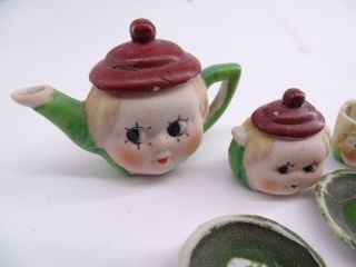 Antique Bisque Miniature Child ' s Teapot Tea Cup Set Figural Doll Face Vintage 2