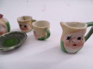 Antique Bisque Miniature Child ' s Teapot Tea Cup Set Figural Doll Face Vintage 3