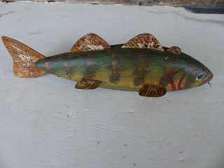 Vintage Perch Fish Decoy Wood Body Lead Weight Tin Fins Painted 7 In Long
