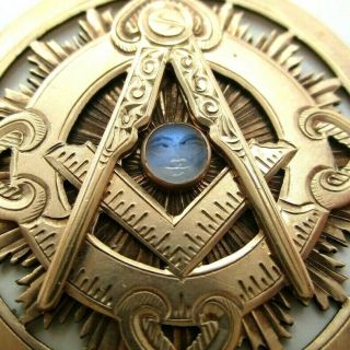 Antique Masonic 10k Yellow Gold Carved Moonstone Face Pendant Watch Fob Manson