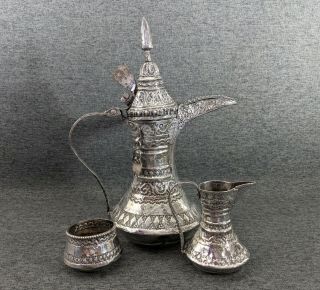 Antique Solid Silver Dallah Coffee Pot Set 460g Islamic Oman Nizwa Bedouin Omani