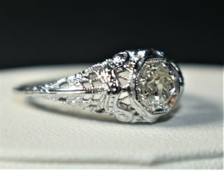 Antique 18k White Gold 1/2 Carat Old Mine Cut Diamond Filigree Ring Late 1800 